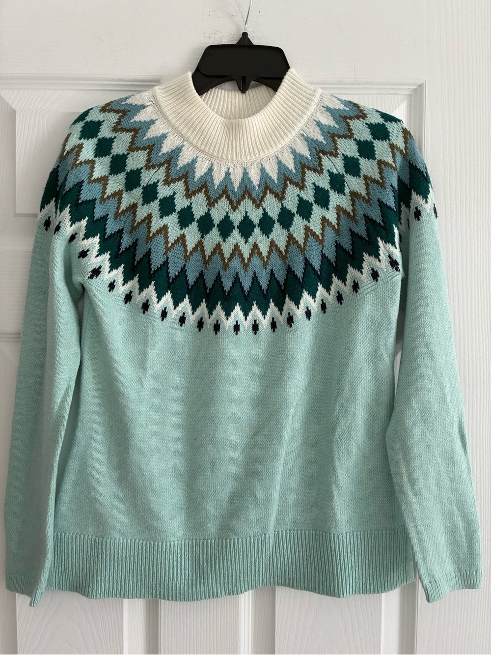 Talbots Mockneck Sweater Mint Green Chevron Fair Isle Cabincore Ski Apres Sz SP